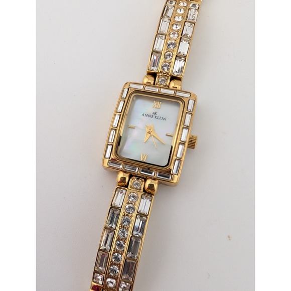 Anne Klein Watch Women 17mm Gold Tone MOP Dial Crystal Bling Tank 7" New Battery - Picture 4 of 8